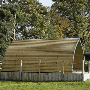 Timber glamping pod surrounded by grass and trees
