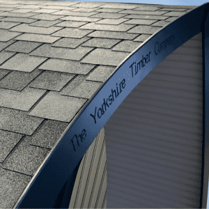 Close up of a timber pod, showing the branding printed on the arch