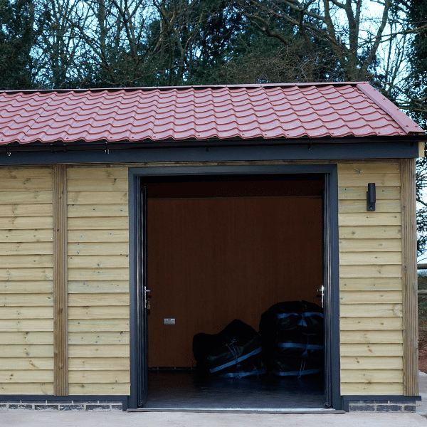 Carriage house doors from the exterior, open